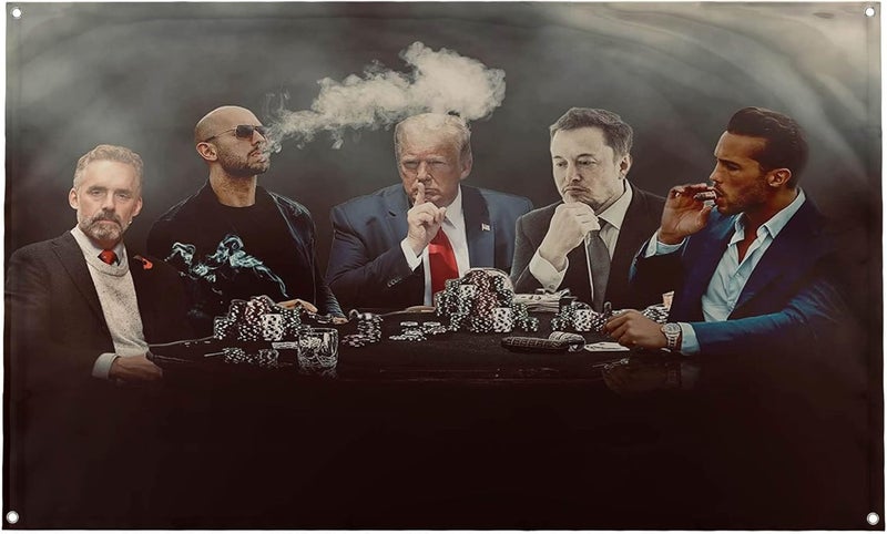 Banger Flags Banger - Top G Matrix Flag with Donald Trump, Elon Musk, Andrew & Tristan Tate and Jordan Peterson Around a Poker Table Motivational Inspirational Office Gym Dorm Wall Decor Design on a 3X5 Feet Flag - Image 1